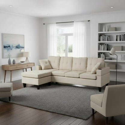 HR2350 Modern Beige Linen L-Shape Sectional Sofa with built-in cup holders.