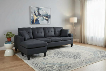 HR2350 Modern Black Linen L-Shape Sectional Sofa with built-in cup holders.