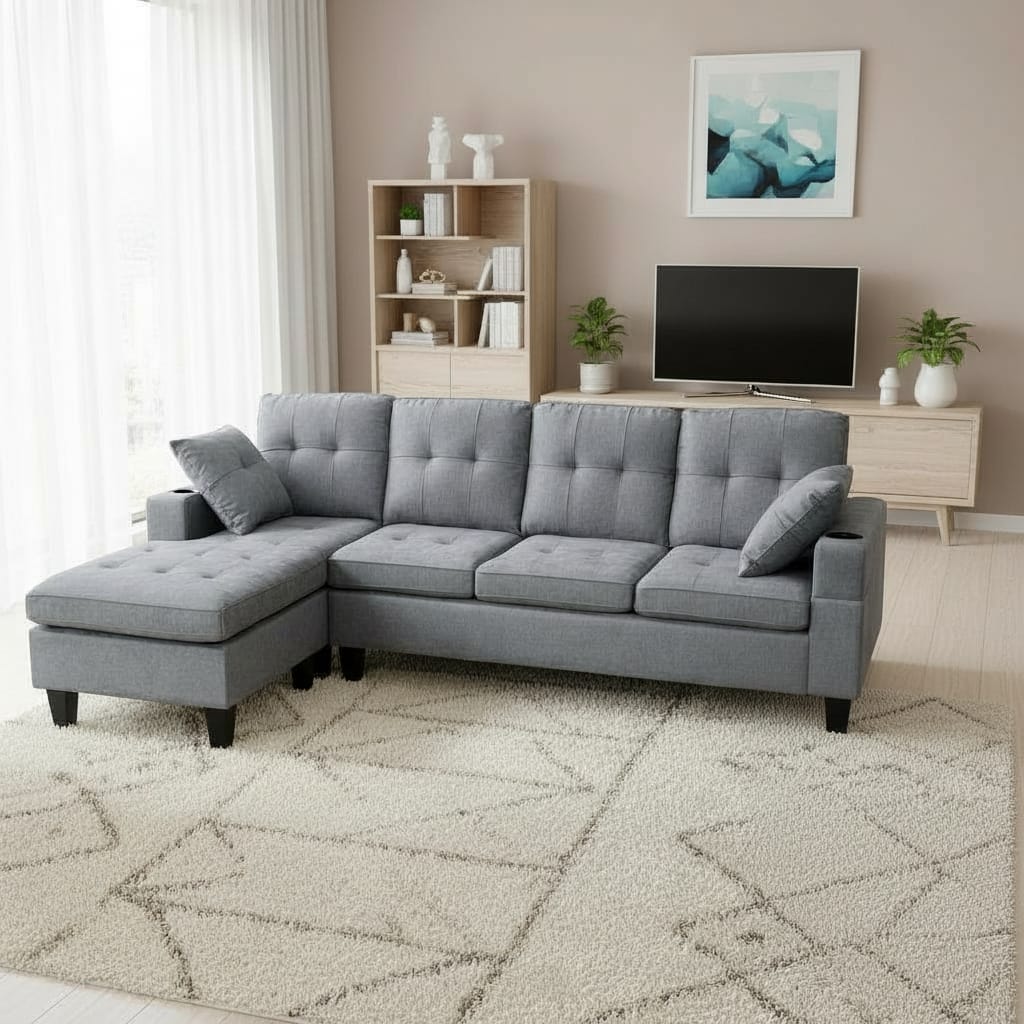 HR2350 Modern Grey Linen L-Shape Sectional Sofa with built-in cup holders.