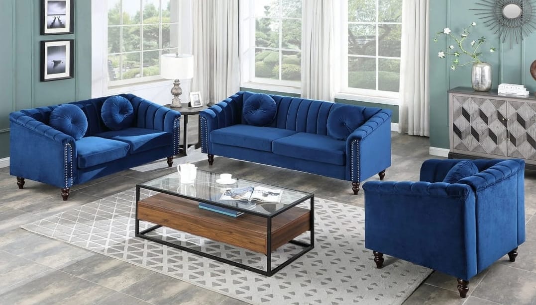 HR2355 Modern Blue Sectional Sofa with spacious seating and contemporary design.