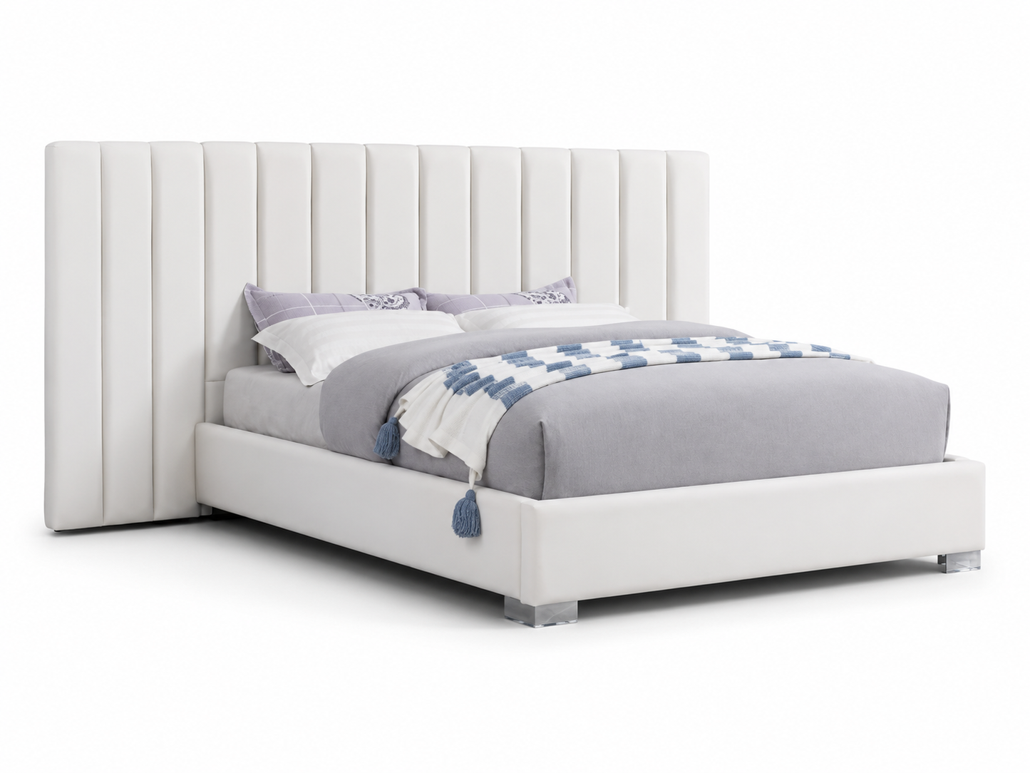 HR2379 Luxury Velvet Platform Bed in White with an extended wing panel headboard and modern platform frame.