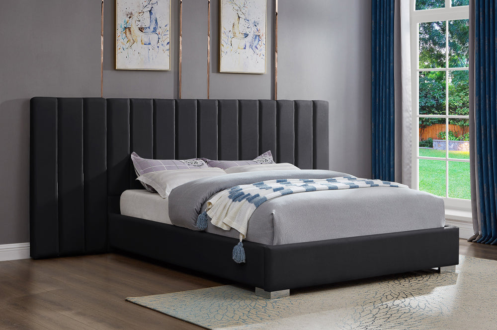 HR2379 Luxury Velvet Platform Bed in Black with an extended wing panel headboard and modern platform frame.