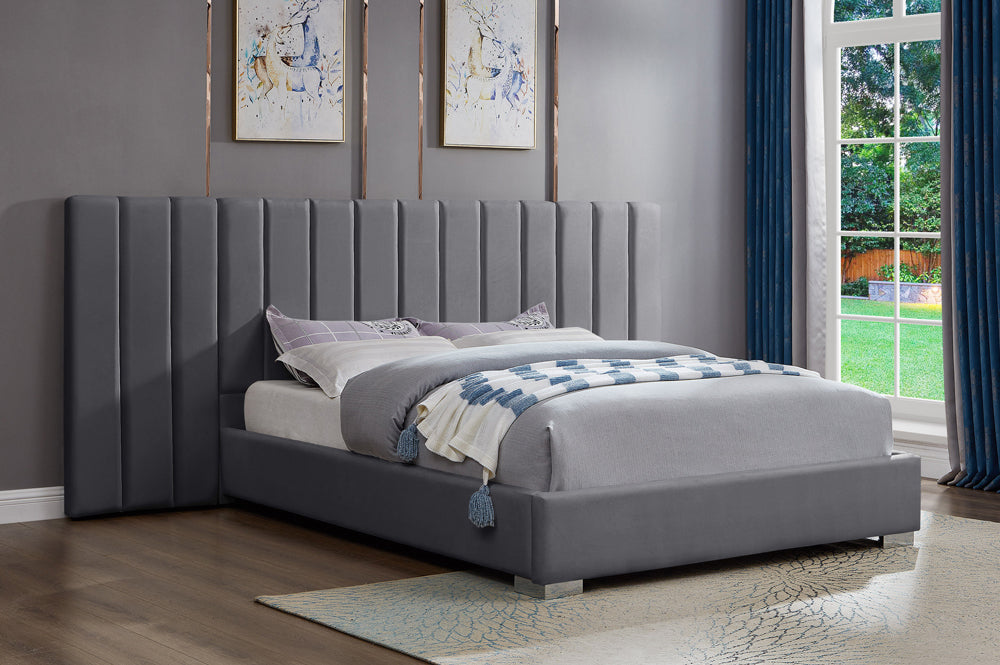 HR2379 Luxury Velvet Platform Bed in Grey with an extended wing panel headboard and modern platform frame.