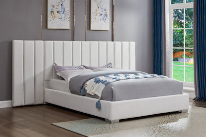 HR2379 Luxury Velvet Platform Bed in White with an extended wing panel headboard and modern platform frame.