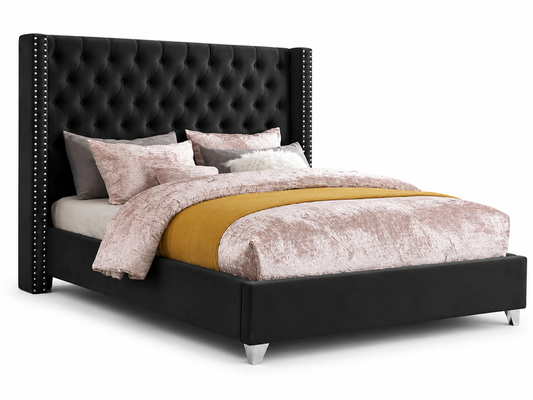 HR2380 Luxury Velvet Platform Bed in Black with a deep button-tufted wingback headboard, decorative nailhead trim, and chrome accent legs.