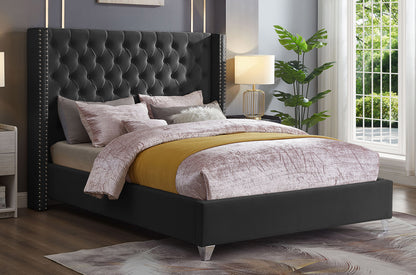 HR2380 Luxury Velvet Platform Bed in Black with a deep button-tufted wingback headboard, decorative nailhead trim, and chrome accent legs.