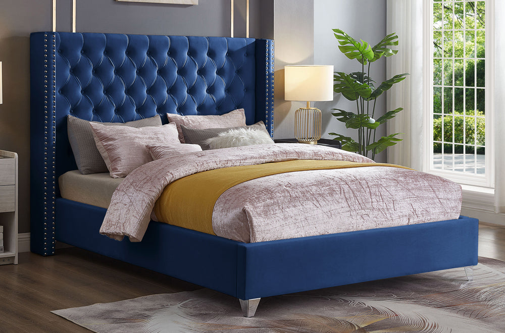 HR2380 Luxury Velvet Platform Bed in Blue with a deep button-tufted wingback headboard, decorative nailhead trim, and chrome accent legs.
