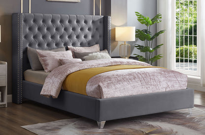 HR2380 Luxury Velvet Platform Bed in Grey with a deep button-tufted wingback headboard, decorative nailhead trim, and chrome accent legs.