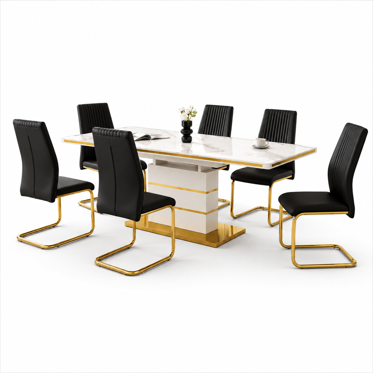 HR2390 modern faux marble dining table set with six black faux leather chairs and a gold stainless-steel pedestal base.