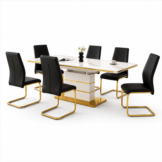 HR2390 modern faux marble dining table set with six black faux leather chairs and a gold stainless-steel pedestal base.