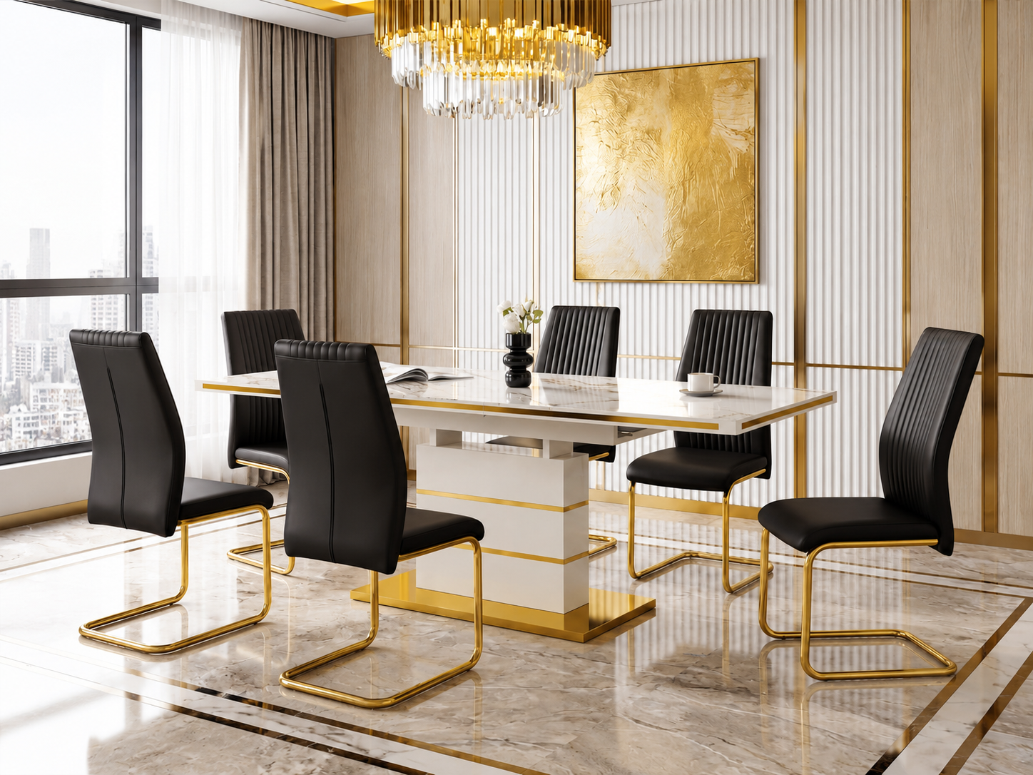 HR2390 modern faux marble dining table set with six black faux leather chairs and a gold stainless-steel pedestal base.