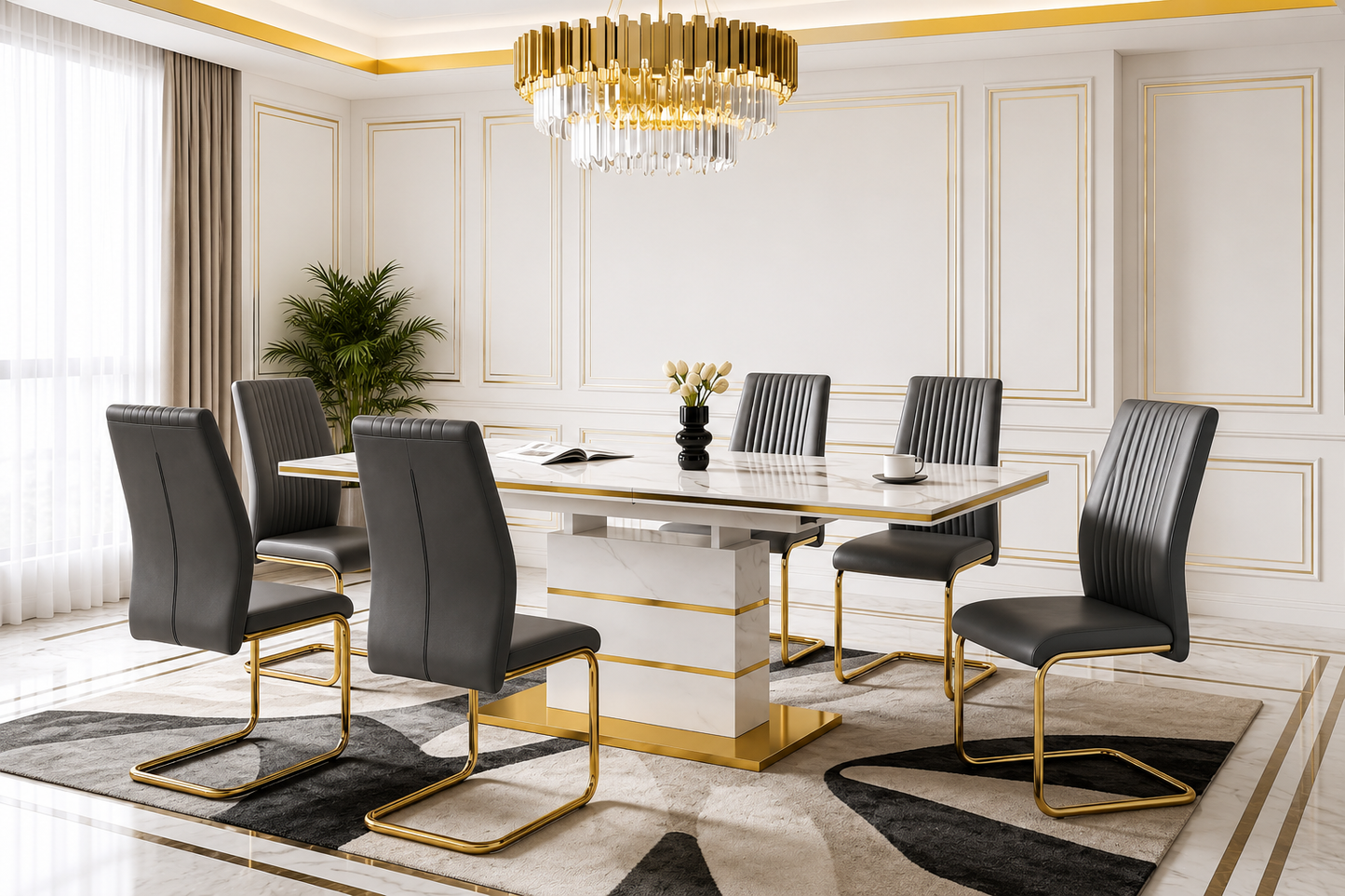 HR2390 modern faux marble dining table set with six dark grey faux leather chairs and a gold stainless-steel pedestal base.