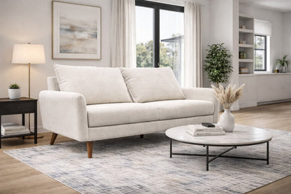 HR2400 Contemporary 3 Seater Fabric Sofa in Beige with premium polyester upholstery and modern splayed legs.