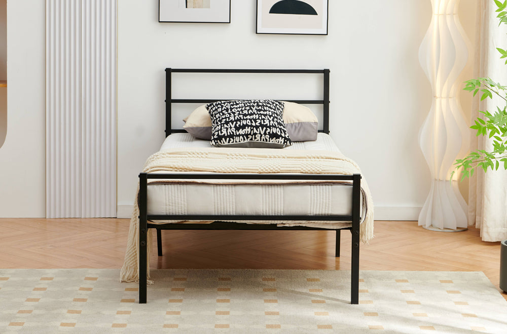 HR2412 Black Metal Platform Bed with Slatted Headboard