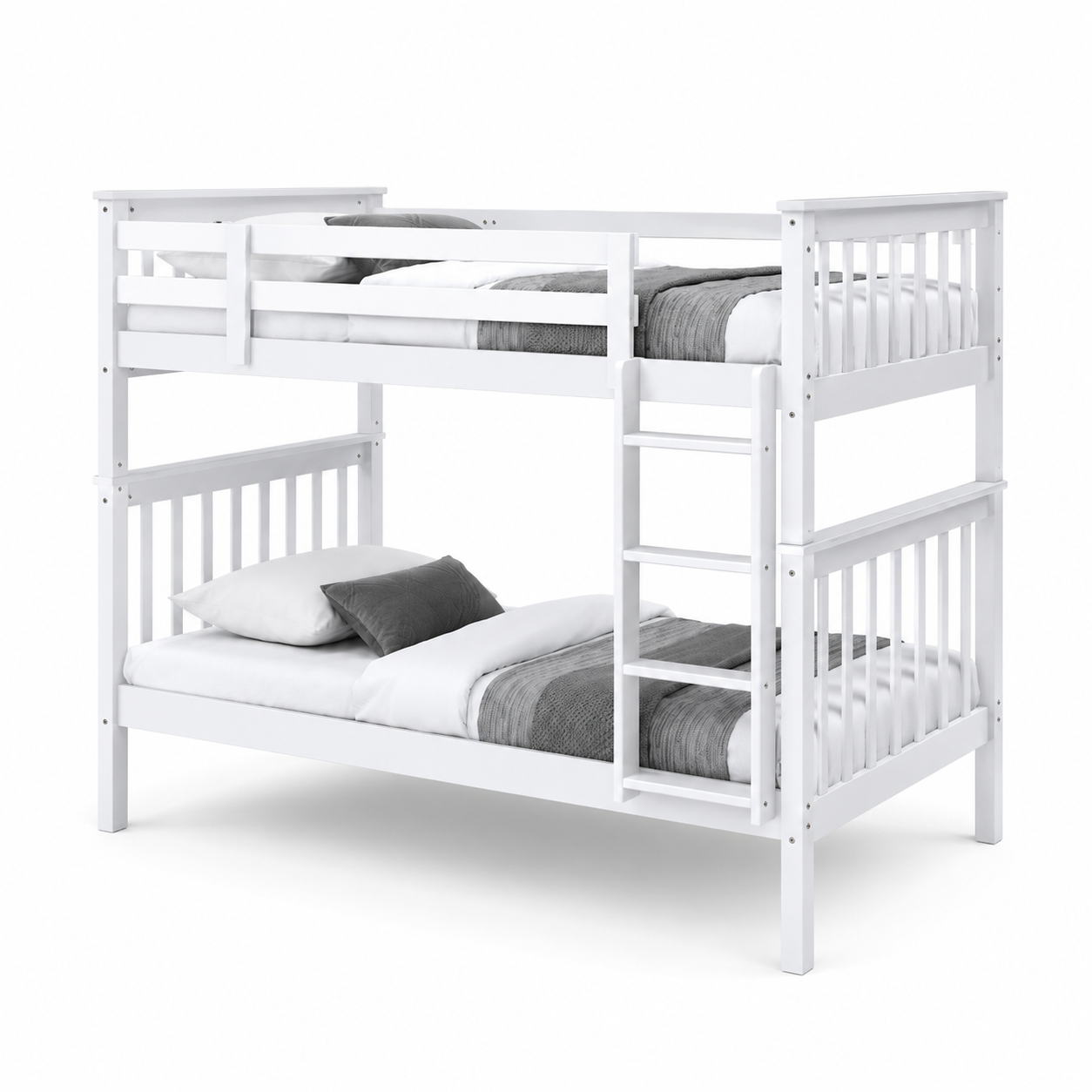 HR2500 single over single wooden bunk bed in white finish with integrated ladder and safety guardrails