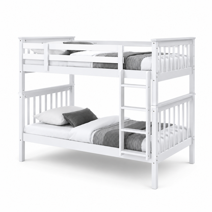 HR2500 single over single wooden bunk bed in white finish with integrated ladder and safety guardrails