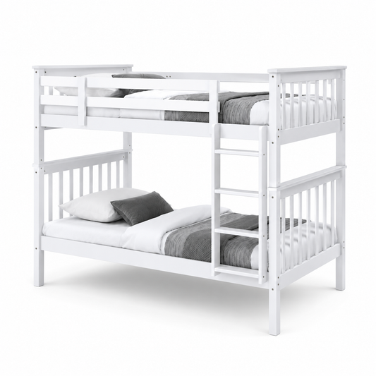 HR2500 single over single wooden bunk bed in white finish with integrated ladder and safety guardrails