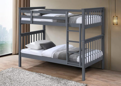 HR2500 single over single wooden bunk bed in white finish with integrated ladder and safety guardrails