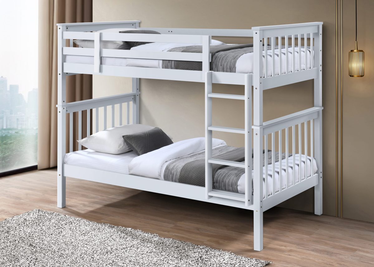 HR2500 single over single wooden bunk bed in white finish with integrated ladder and safety guardrails