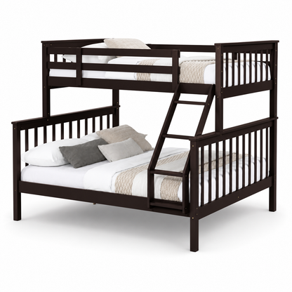HR2501 single over double wooden bunk bed in brown  finish with integrated ladder and full-length safety guardrails