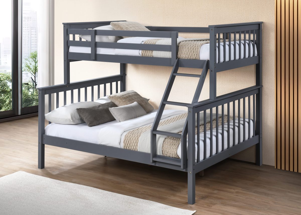 HR2501 single over double wooden bunk bed in grey finish with integrated ladder and full-length safety guardrails