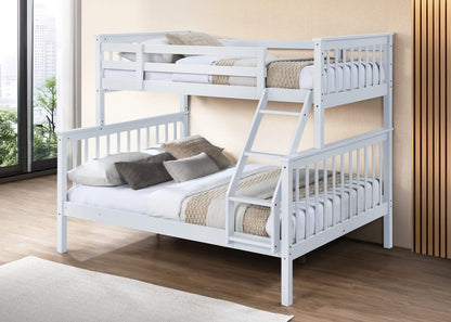 HR2501 single over double wooden bunk bed in white finish with integrated ladder and full-length safety guardrails