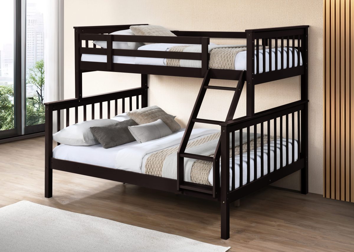 HR2501 single over double wooden bunk bed in brown  finish with integrated ladder and full-length safety guardrails