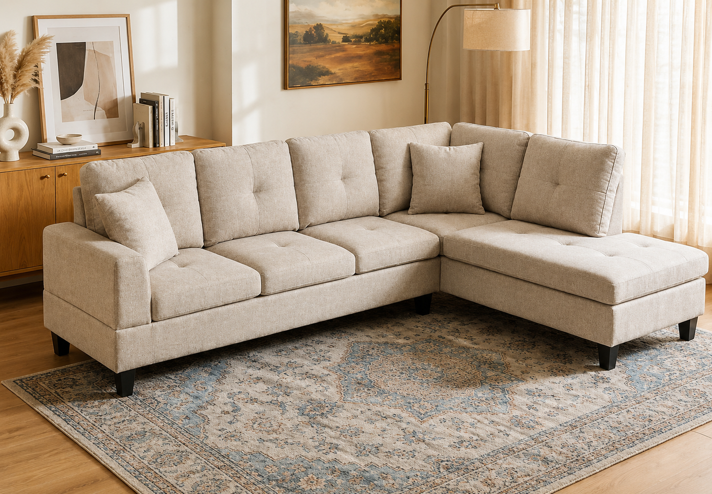 HR25055 contemporary beige 6-seater fabric sectional sofa with reversible chaise