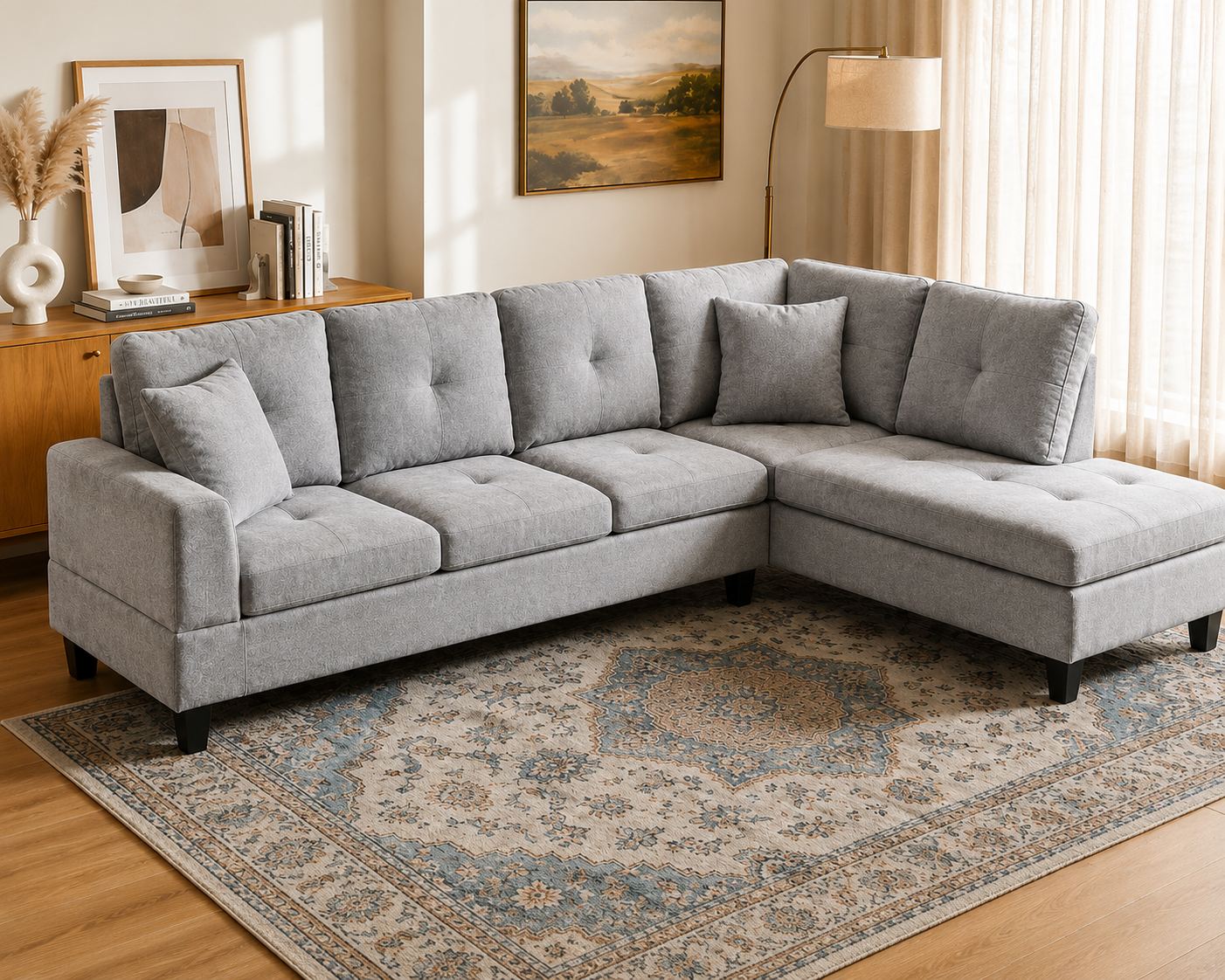 HR25055 contemporary grey 6-seater fabric sectional sofa with reversible chaise