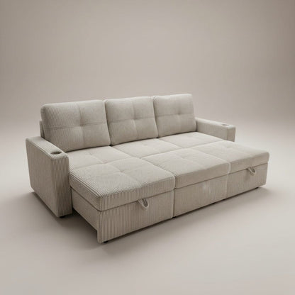 HR2510 modern pull-out sleeper sofa with built-in cup holders in beige corduroy fabric