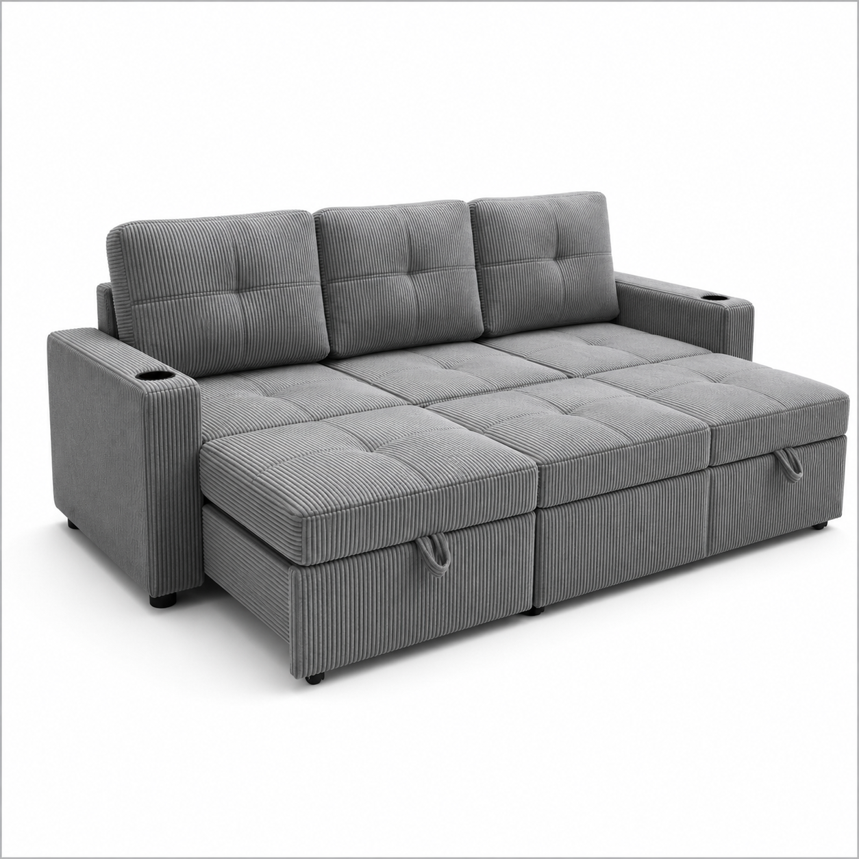 HR2510 modern pull-out sleeper sofa with built-in cup holders in grey corduroy fabric