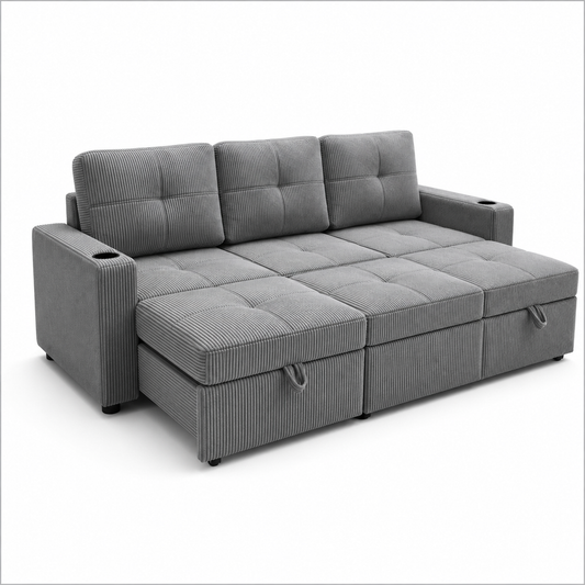 HR2510 modern pull-out sleeper sofa with built-in cup holders in grey corduroy fabric