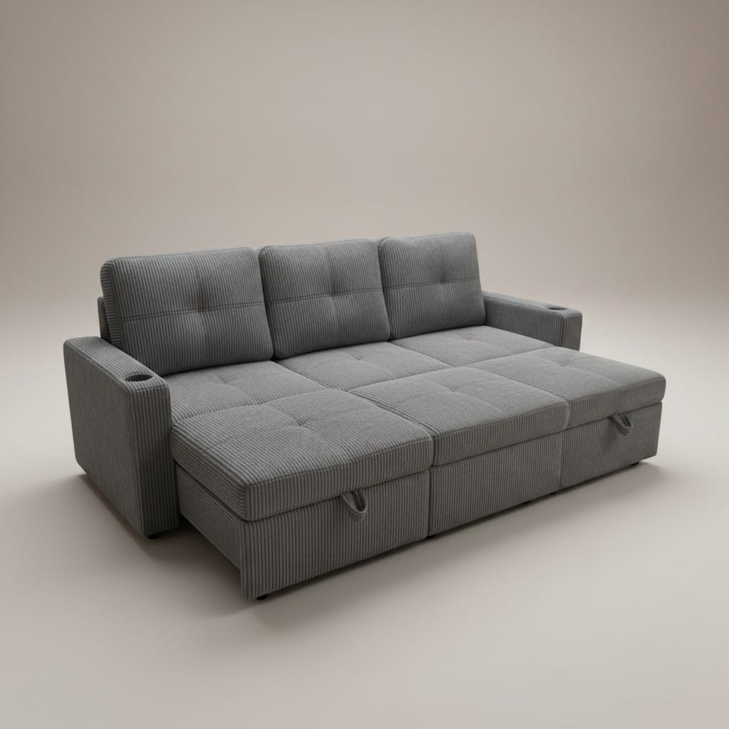 HR2510 modern pull-out sleeper sofa with built-in cup holders in grey corduroy fabric