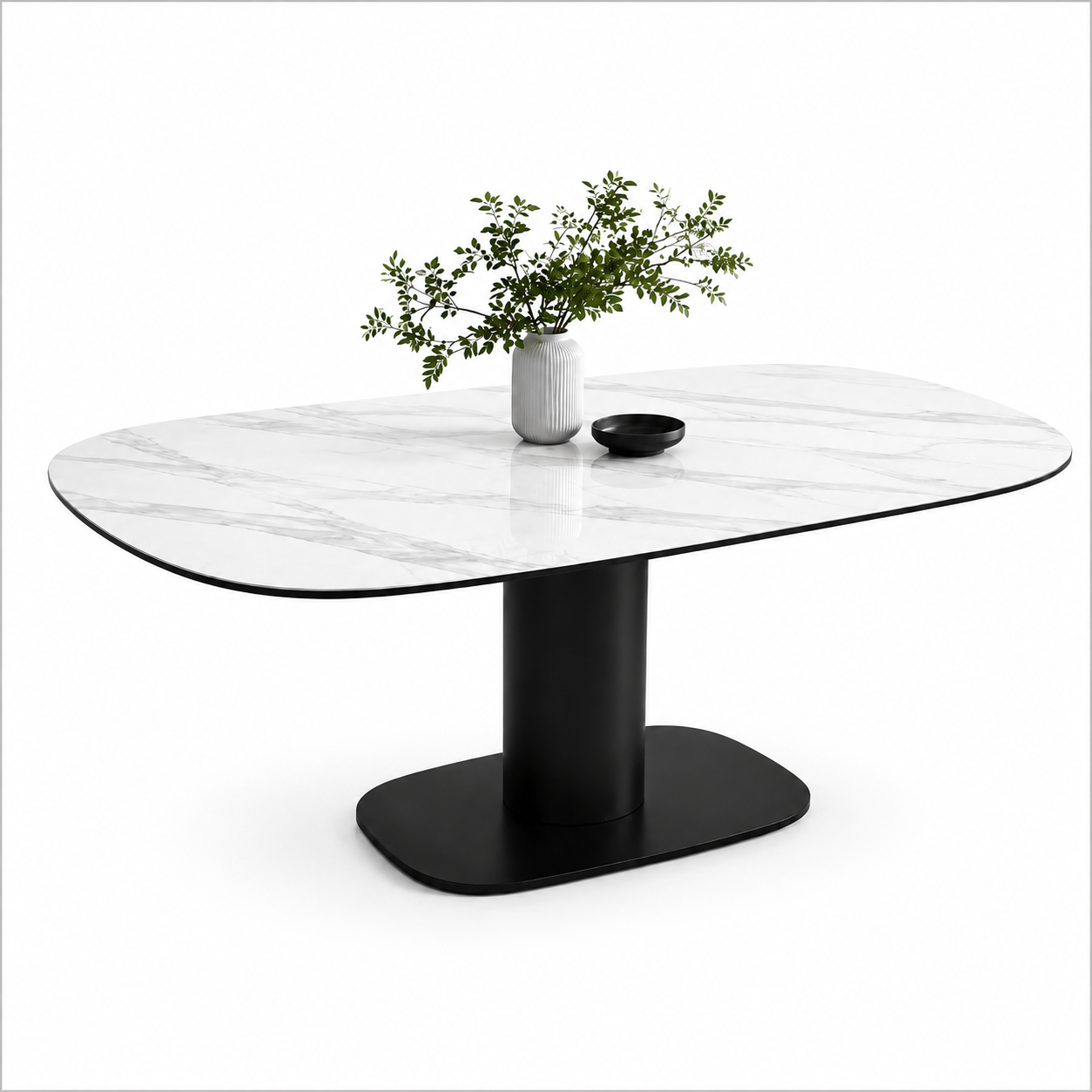 HR2515 premium dining table with white sintered stone top and black pedestal base
