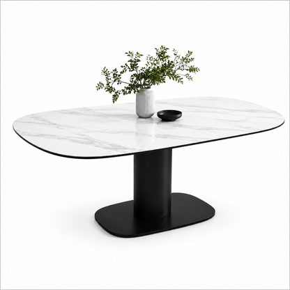 HR2515 premium dining table with white sintered stone top and black pedestal base