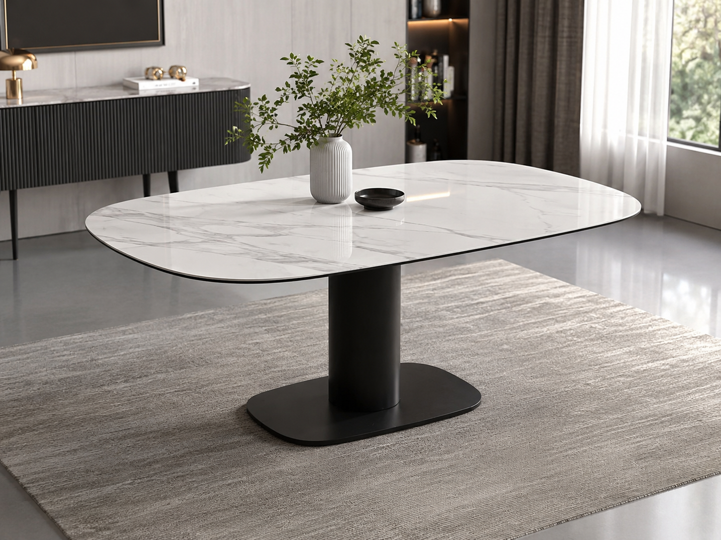 HR2515 premium dining table with white sintered stone top and black pedestal base