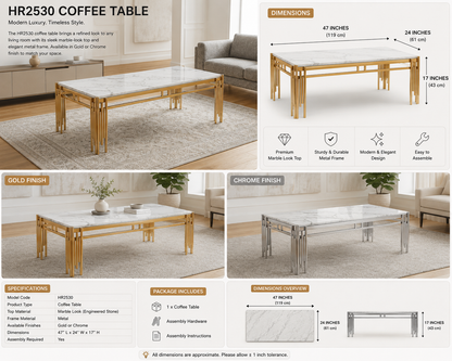 HR2530 Modern Coffee Table  with Metal Frame | Gold & Chrome Finishes