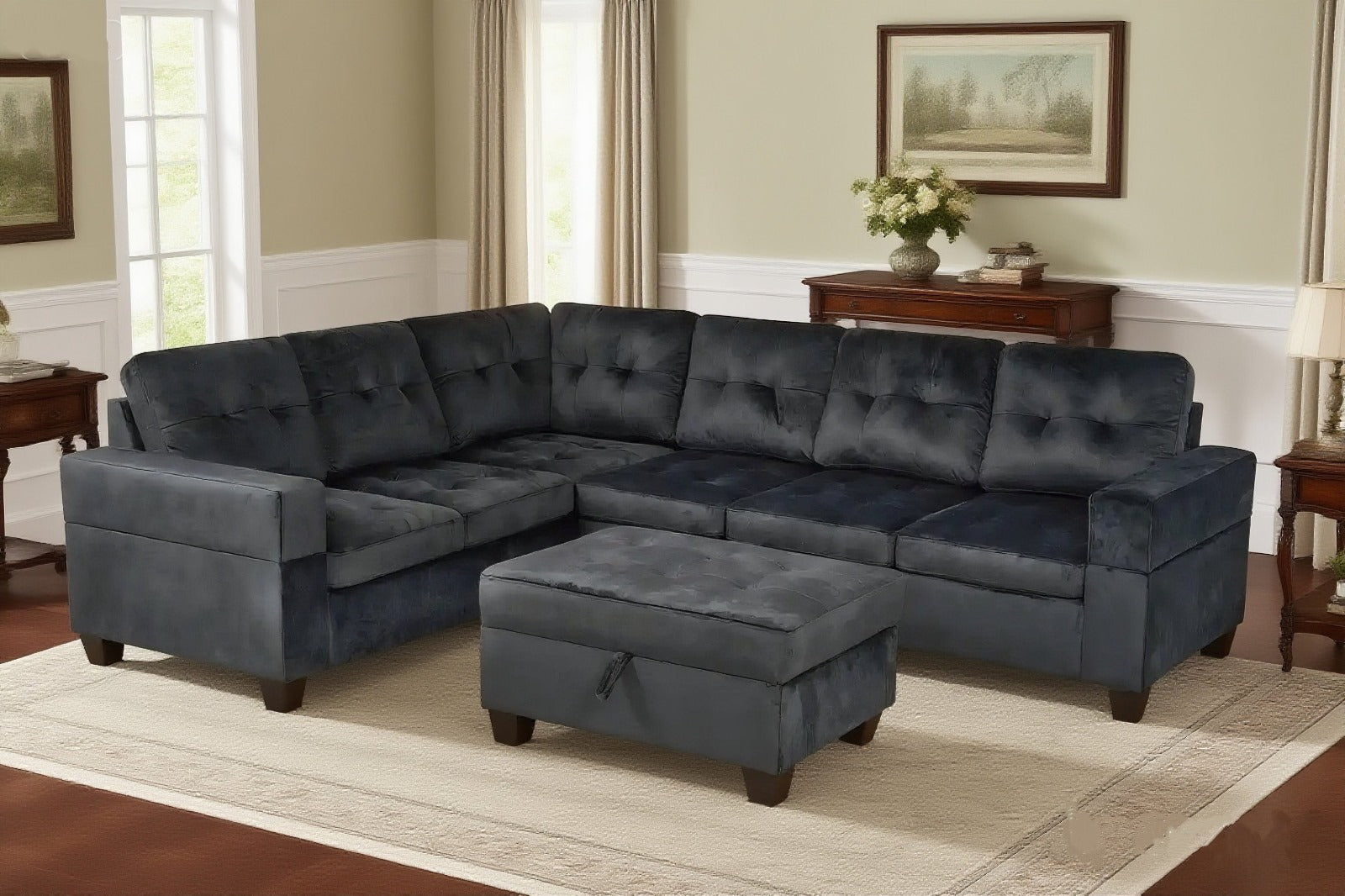 HR2595 contemporary black velvet L-shaped sectional sofa with chaise