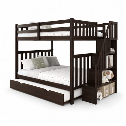HR2595 double over double wooden bunk bed with pull-out trundle and staircase storage in grey finish