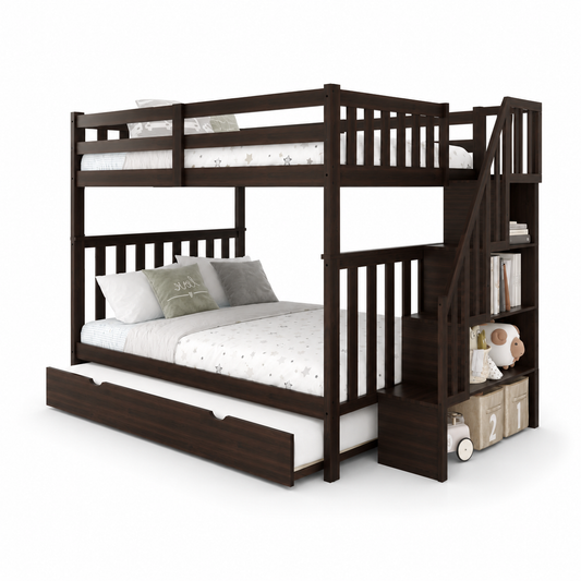 HR2595 double over double wooden bunk bed with pull-out trundle and staircase storage in grey finish