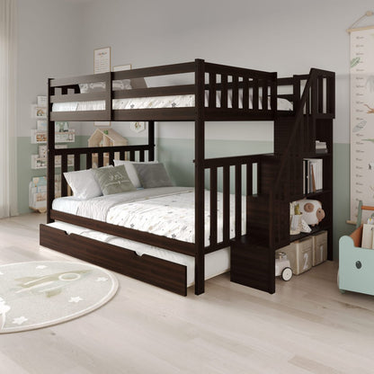 HR2595 double over double wooden bunk bed with pull-out trundle and staircase storage in espresso finish