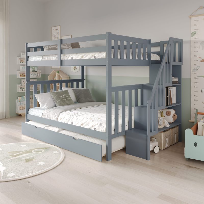 HR2595 double over double wooden bunk bed with pull-out trundle and staircase storage in grey finish