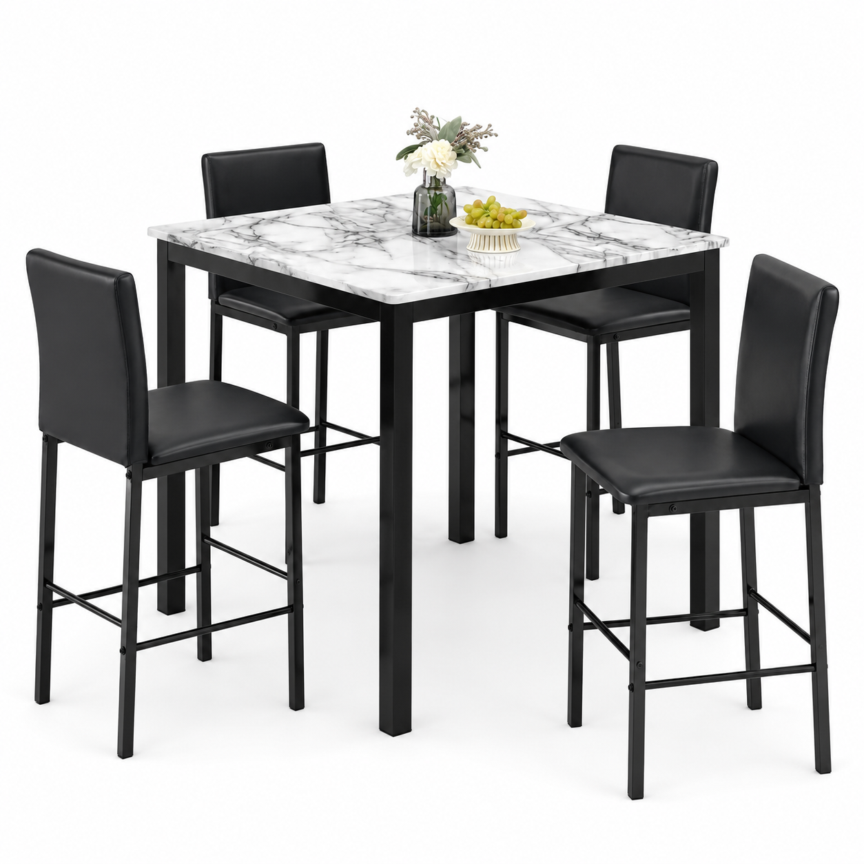 HR2599 modern counter height 5-piece dining set with marble-look square table and four black dining chairs