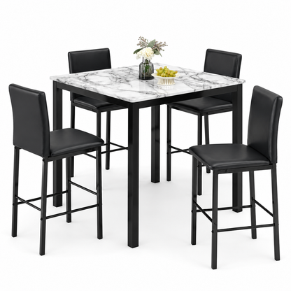 HR2599 modern counter height 5-piece dining set with marble-look square table and four black dining chairs