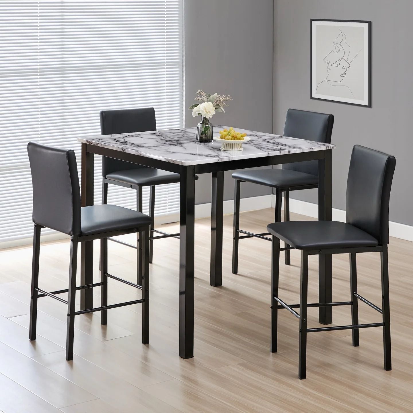 HR2599 modern counter height 5-piece dining set with marble-look square table and four black dining chairs