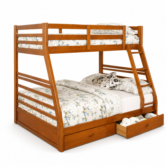 HR2700 single over double wooden bunk bed with two storage drawers in honey finish