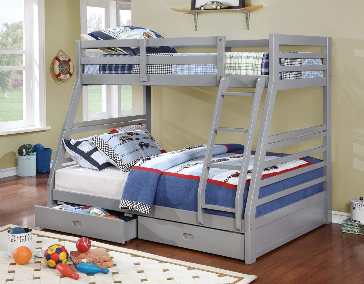 HR2700 single over double wooden bunk bed with two storage drawers in grey finish