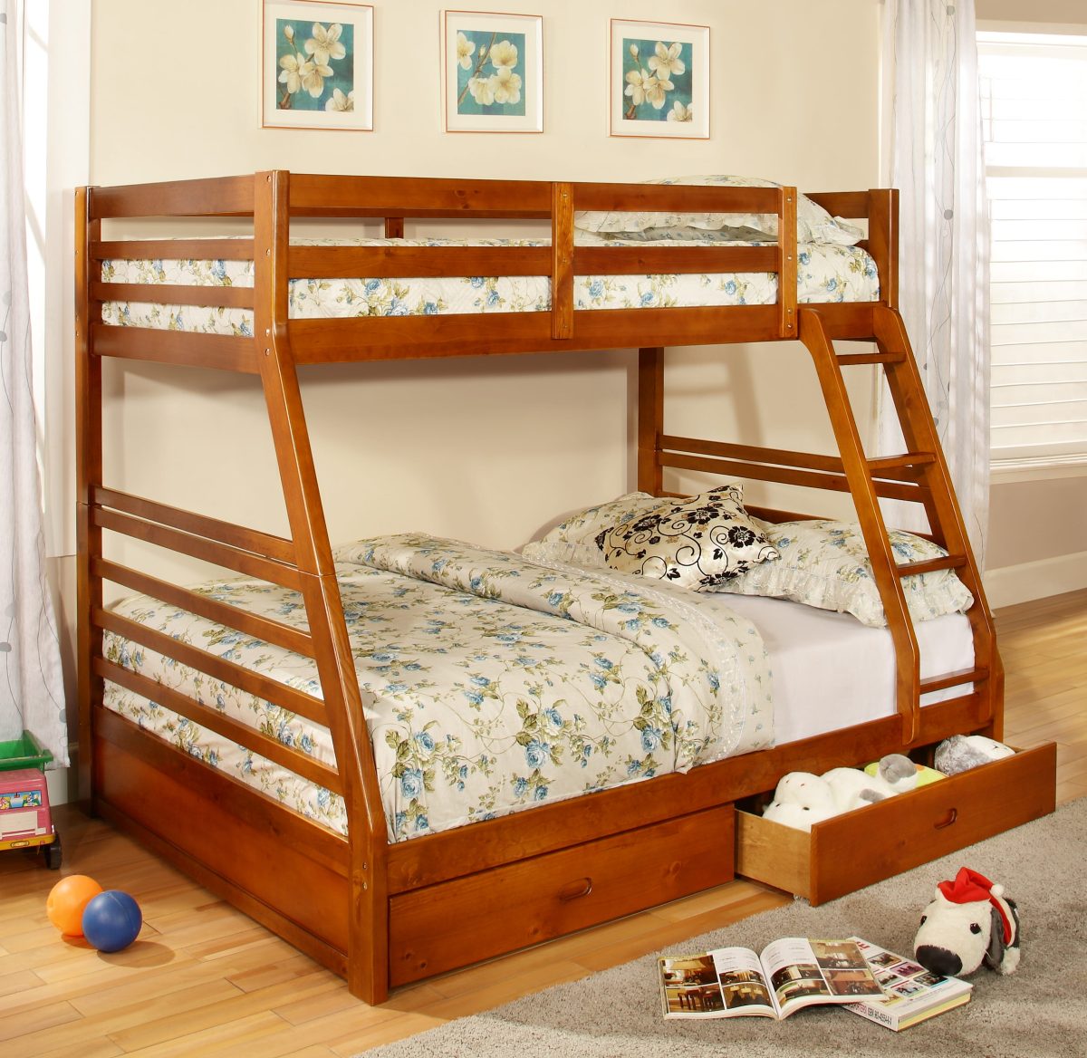 HR2700 single over double wooden bunk bed with two storage drawers in honey finish