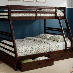 HR2700 single over double wooden bunk bed with two storage drawers in brown finish