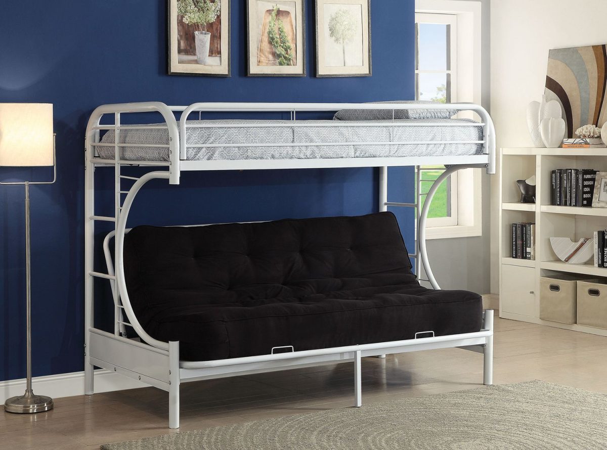 HR2800 white metal futon bunk bed with convertible lower futon